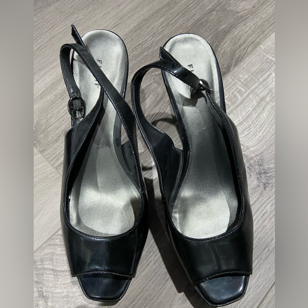 Fioni- Size 8, Black patent leather open toe heels